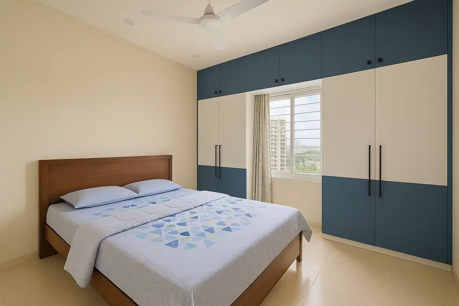 Modern Bedroom with Blue and White Laminate Wardrobe and Mercury Gold Tile