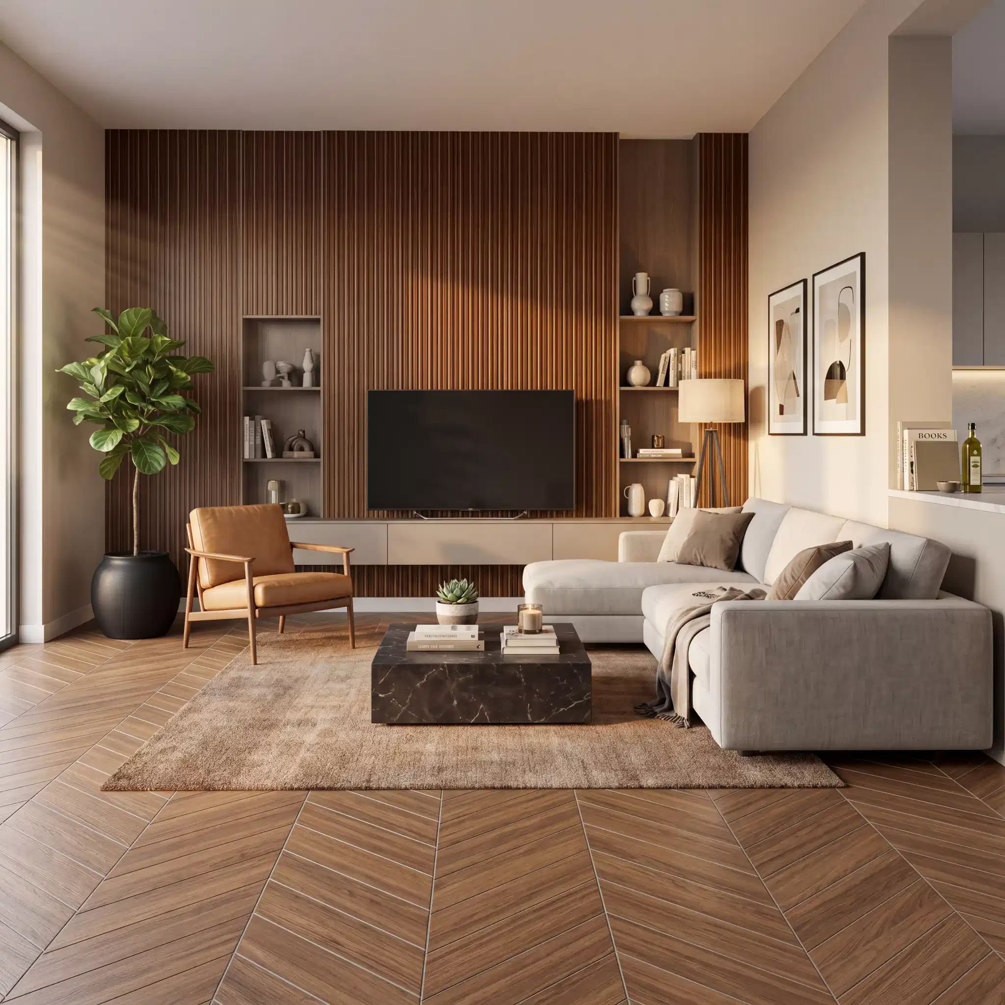 Brown Panel with Cream Solid Laminate TV Cabinetry