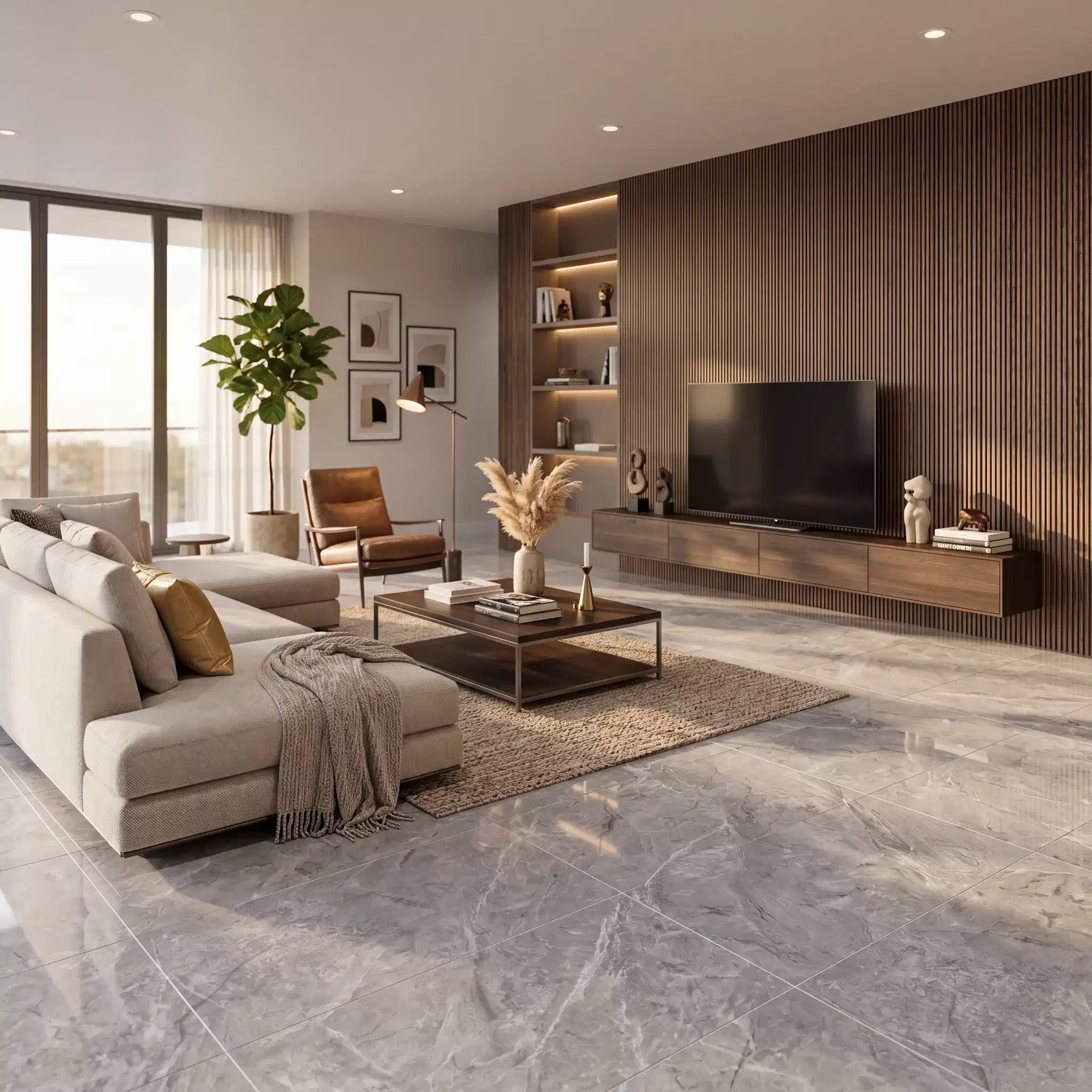 Wood Look TV Unit with Grey Flooring