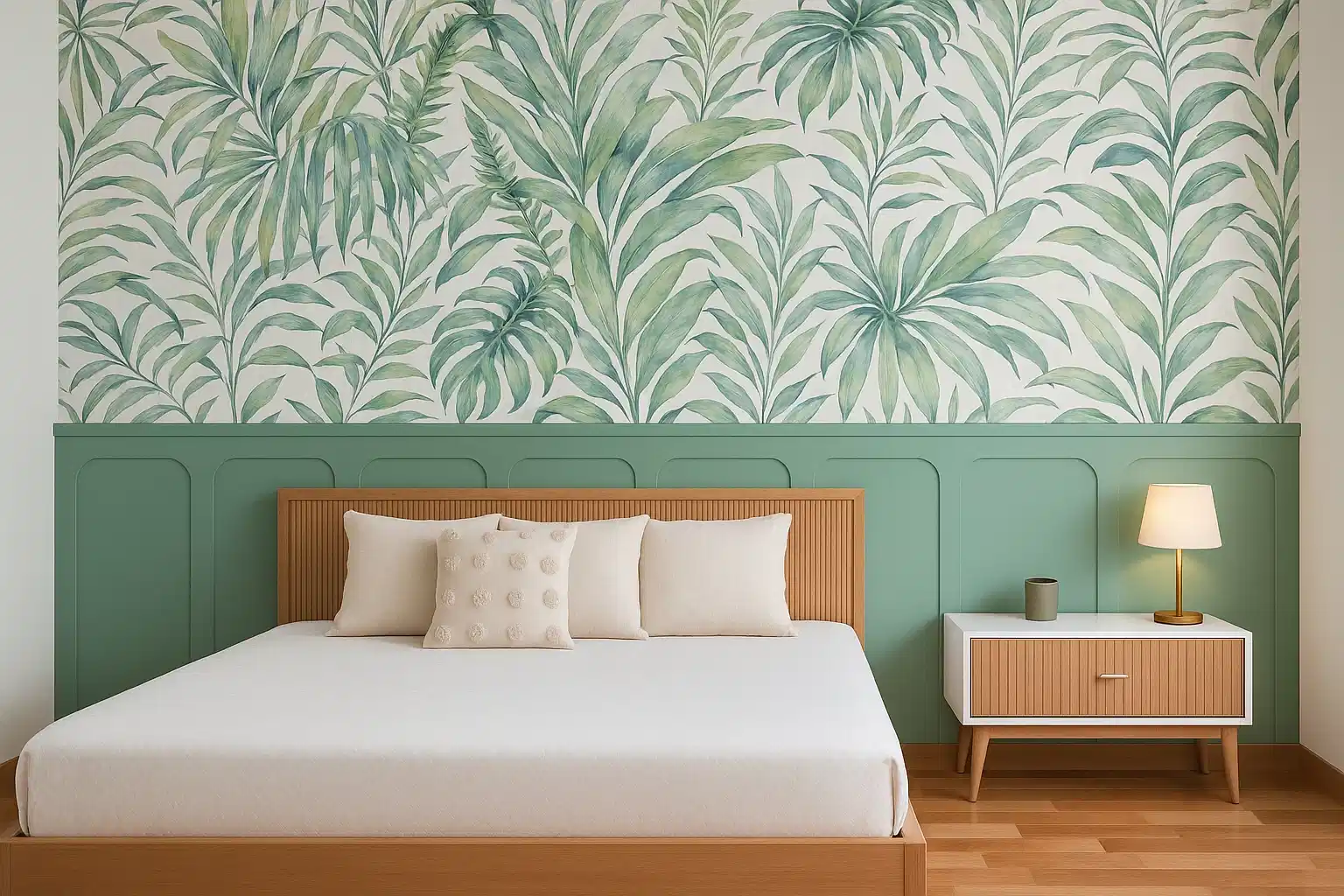 Scandinavian Bedroom with tropical wallpaper, aqua green laminate, and wooden effect flooring