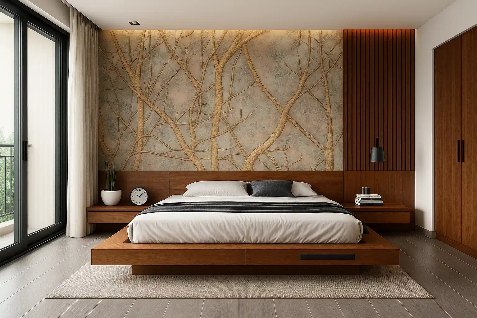 Japanese-Scandinavian Hybrid Bedroom with Nature Inspired Wallpaper, Brown Wood Louver and Grey Wooden Effect Tile
