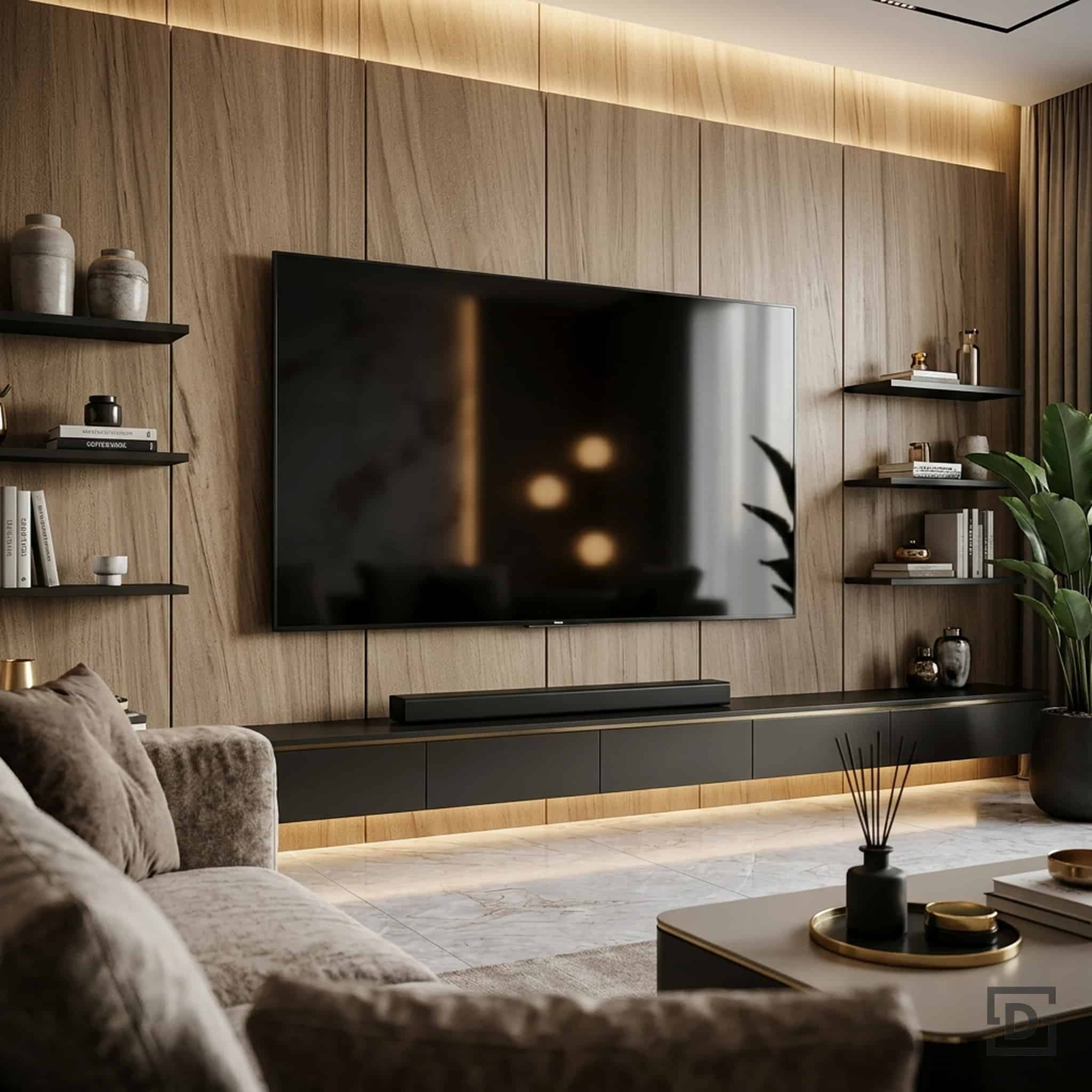 Smooth Walnut Wood Media Wall with Floating Shelves