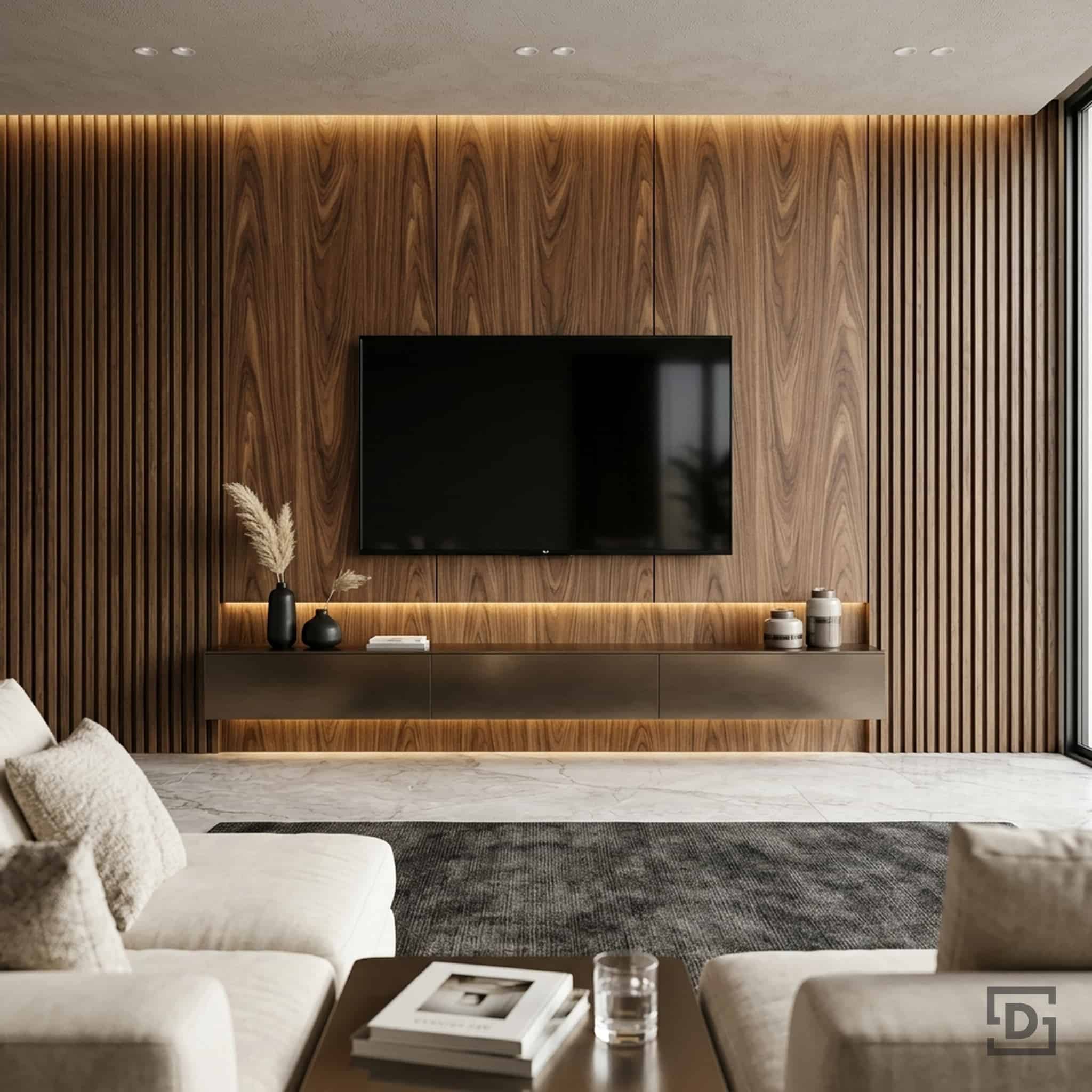 Natural Walnut Fluted Wood Paneling TV Unit