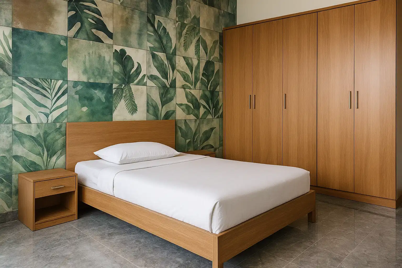 Modern Bedroom with Tropical Accent Wall and smooth Wardrobe Design