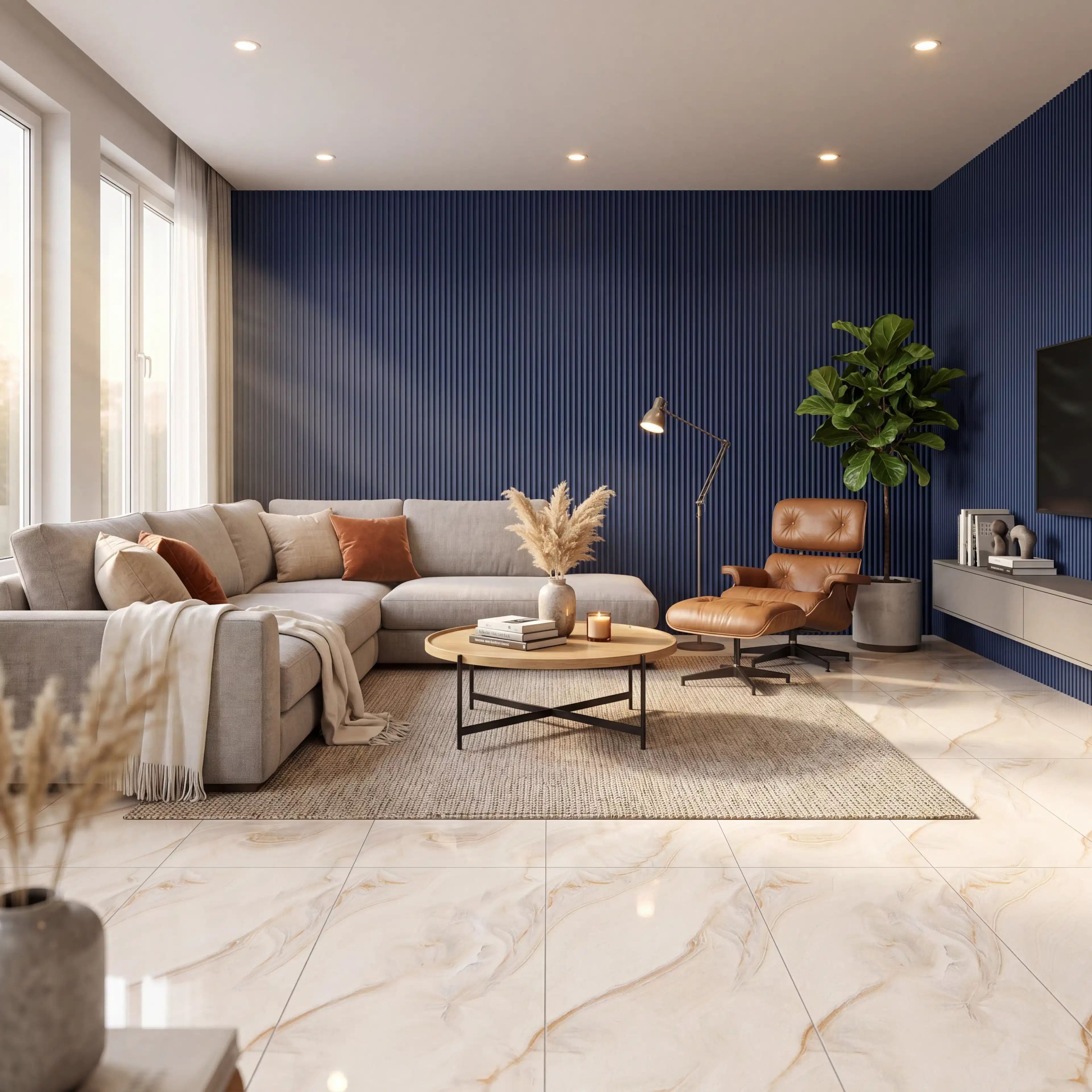 Blue and Ivory Contrastive Living Room