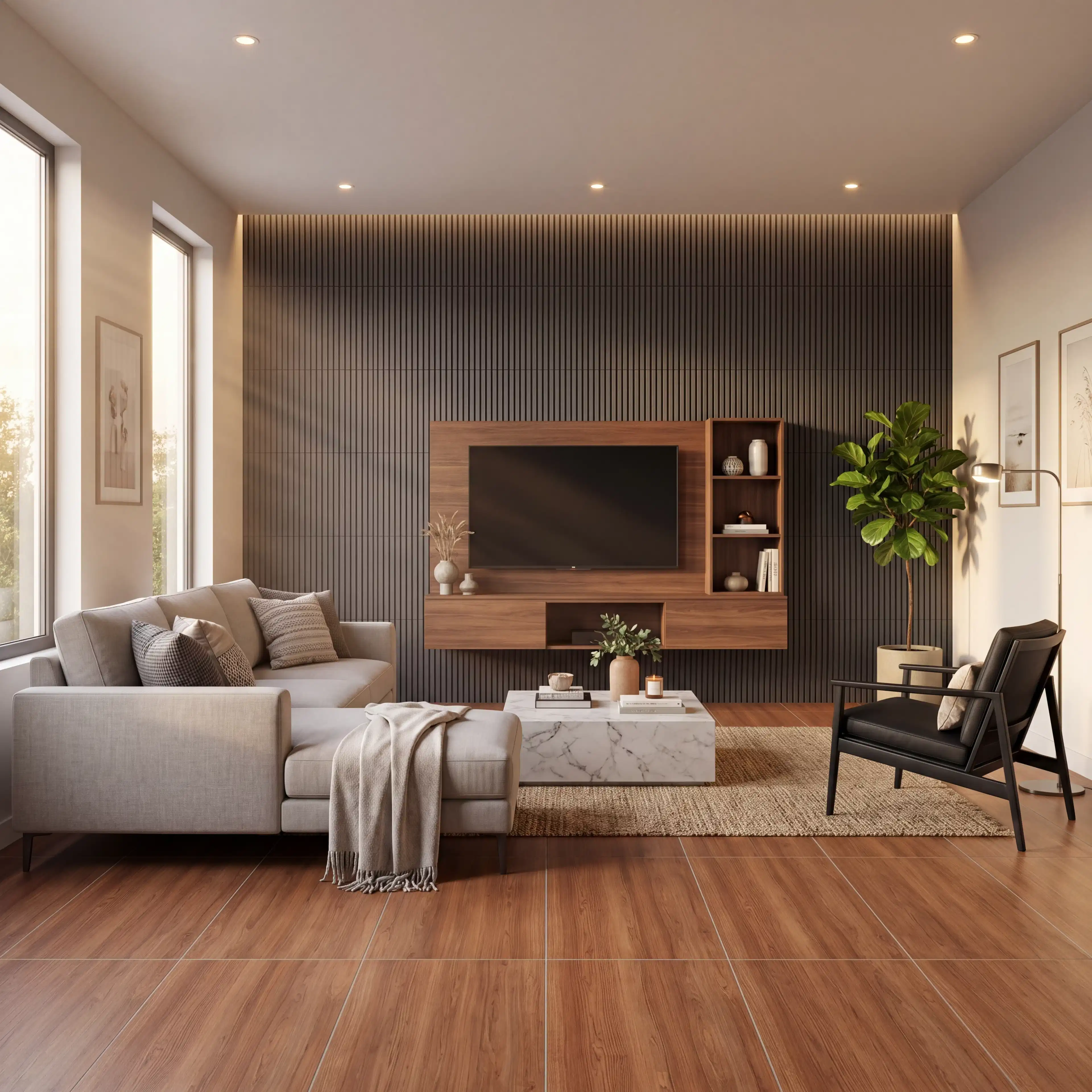 Grey and Brown Combination TV Unit In Living Moom
