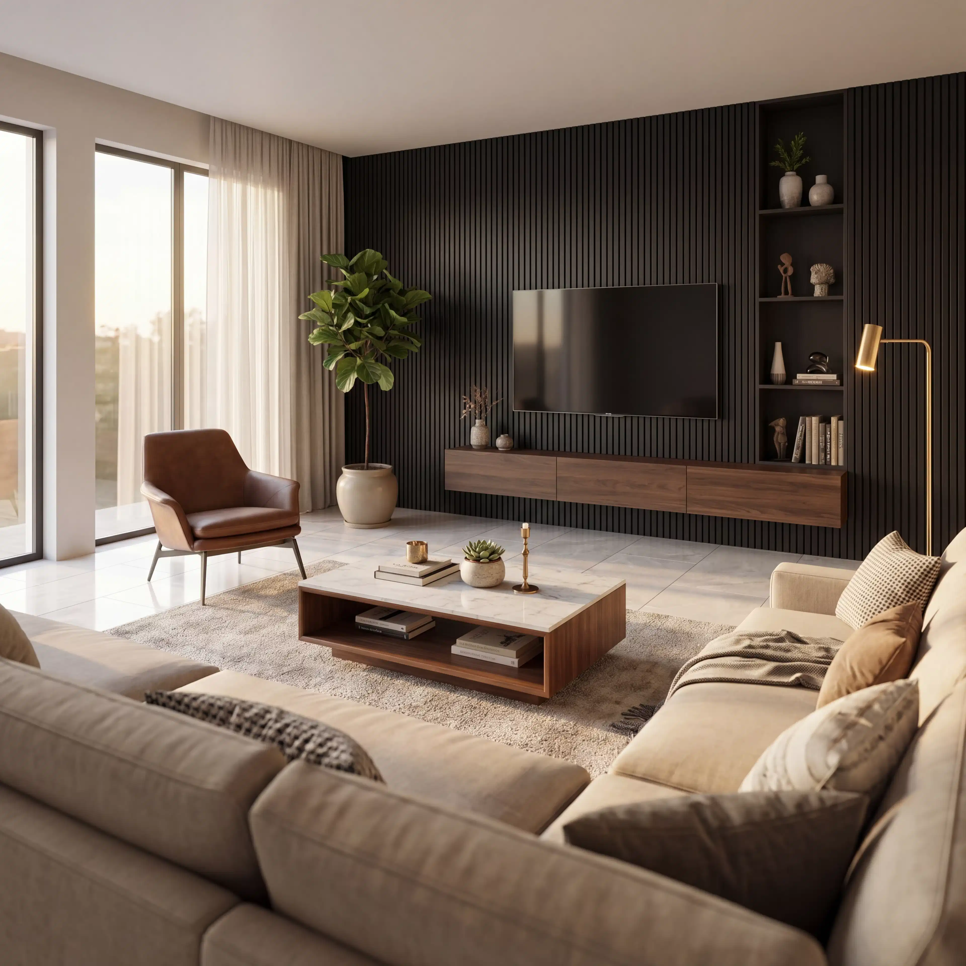 Dark TV Unit with Contrastive Light Flooring