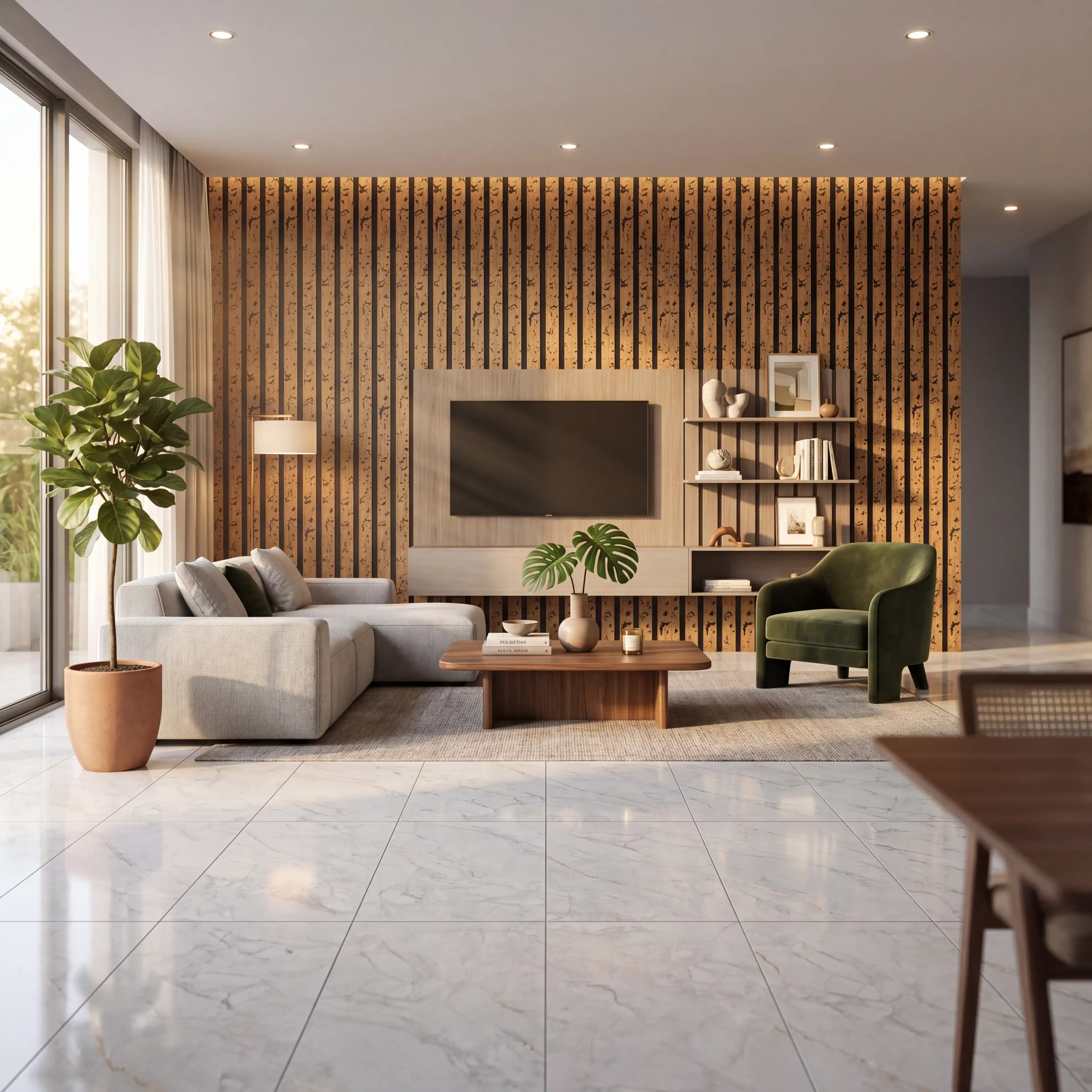 Golden TV Cabinetry with Natural Look Charcoal Panels and Bianco Flooring