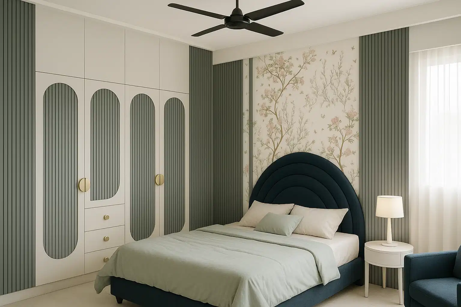 Modern Bedroom with Floral Wallpaper, Grey Laminates and Louvers