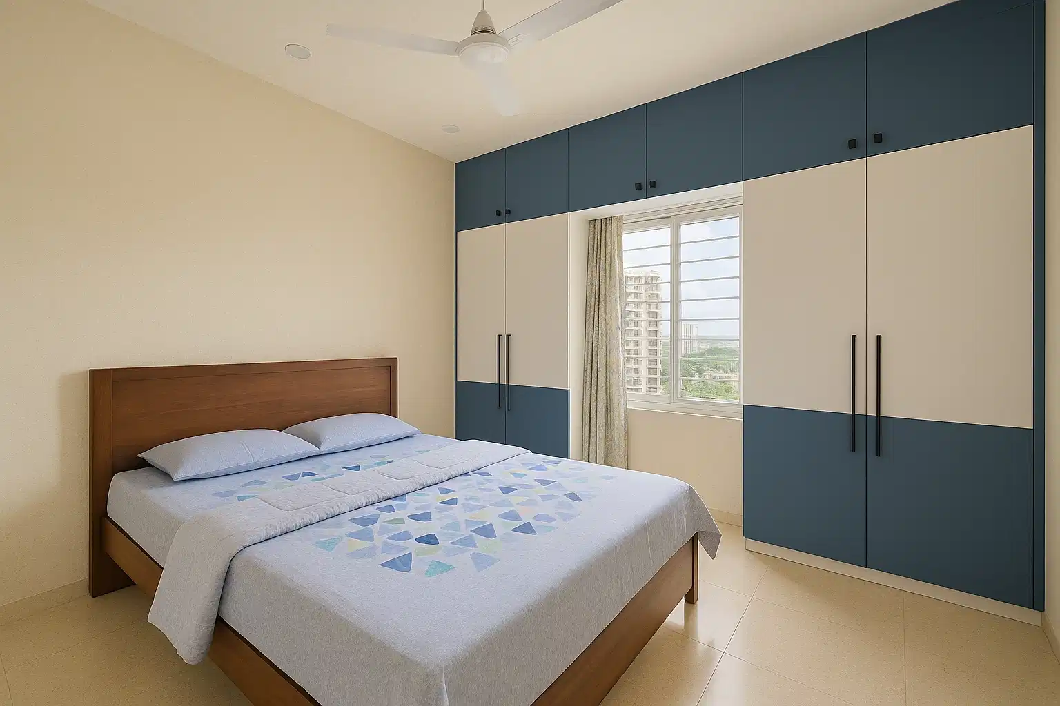 Modern Bedroom with Blue and White Laminate Wardrobe and Mercury Gold Tile