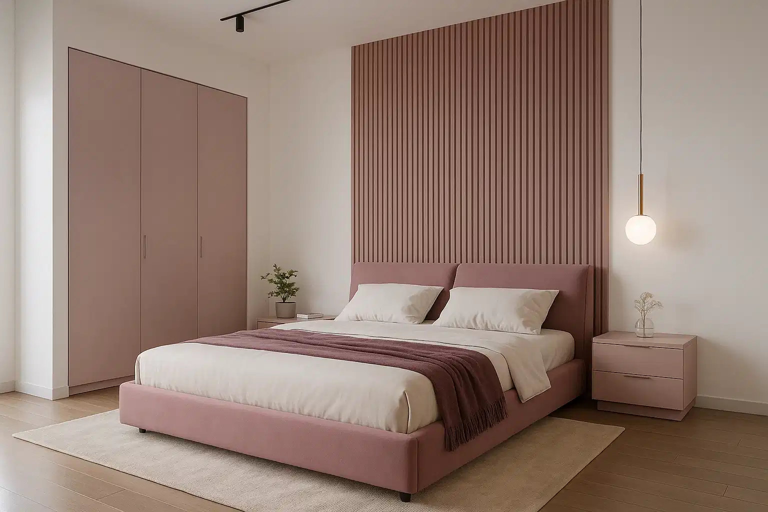 Modern Bedroom with Pink Louvers, and Pink Grey Laminates