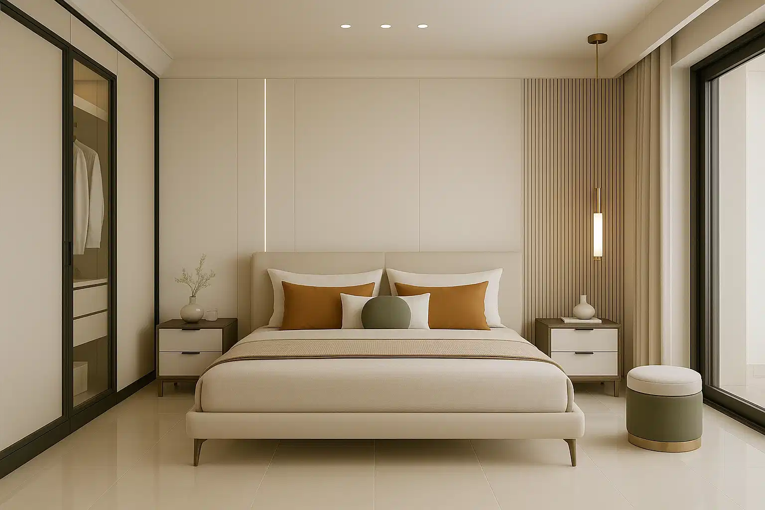 Modern Minimalist Bedroom Beige Tiles, Laminates and Louvers