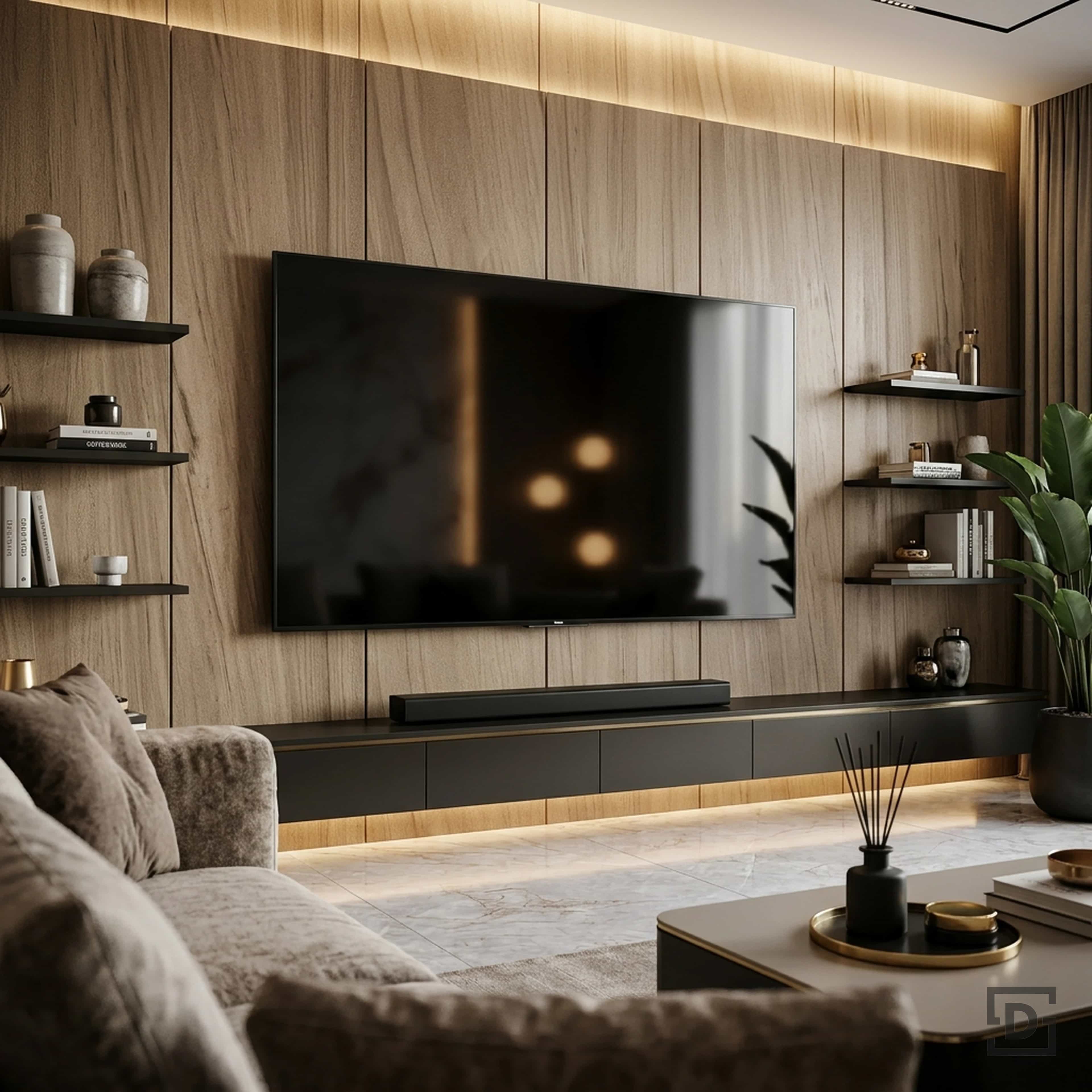 Smooth Walnut Wood Media Wall with Floating Shelves