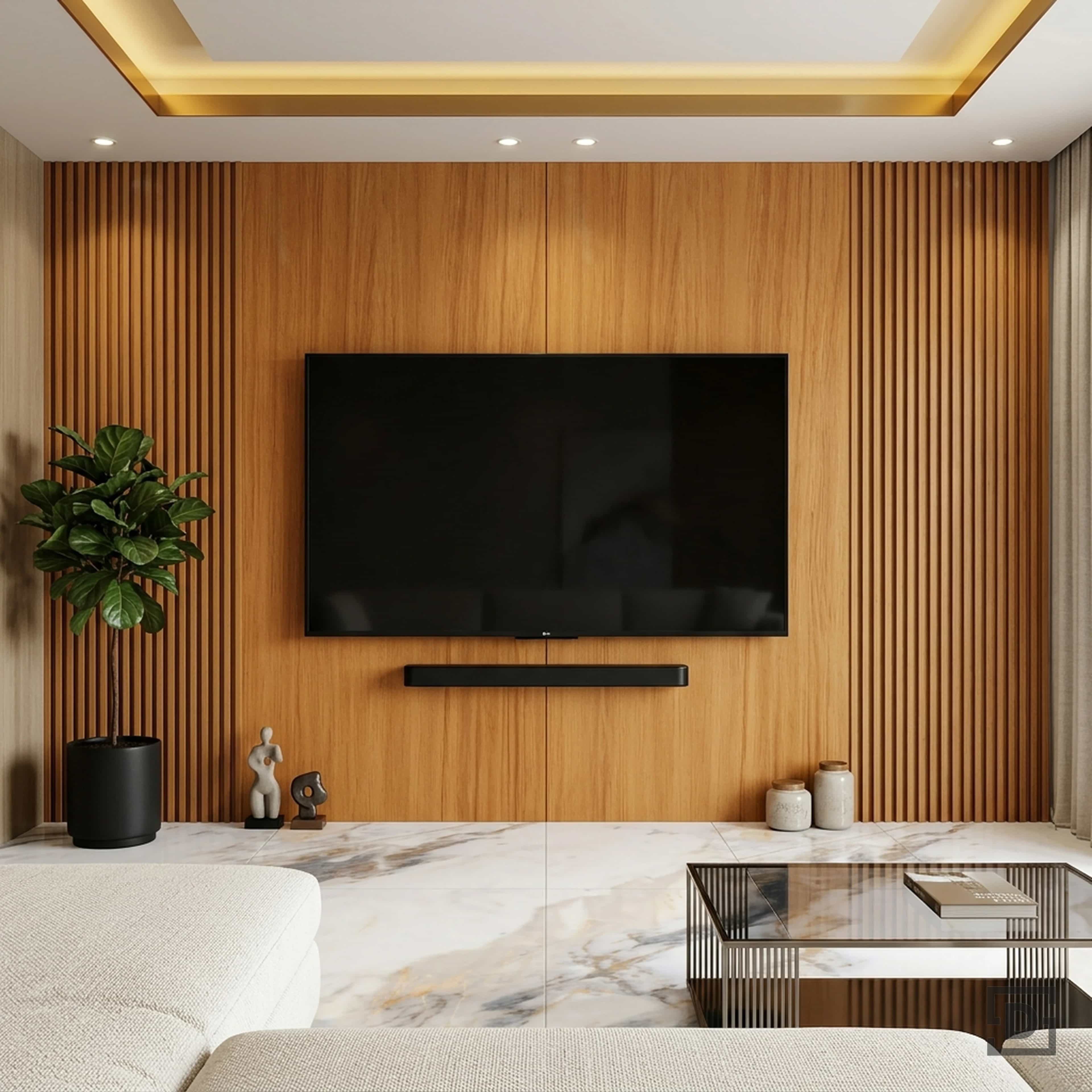 Warm Teak Fluted Wood Paneling TV Unit