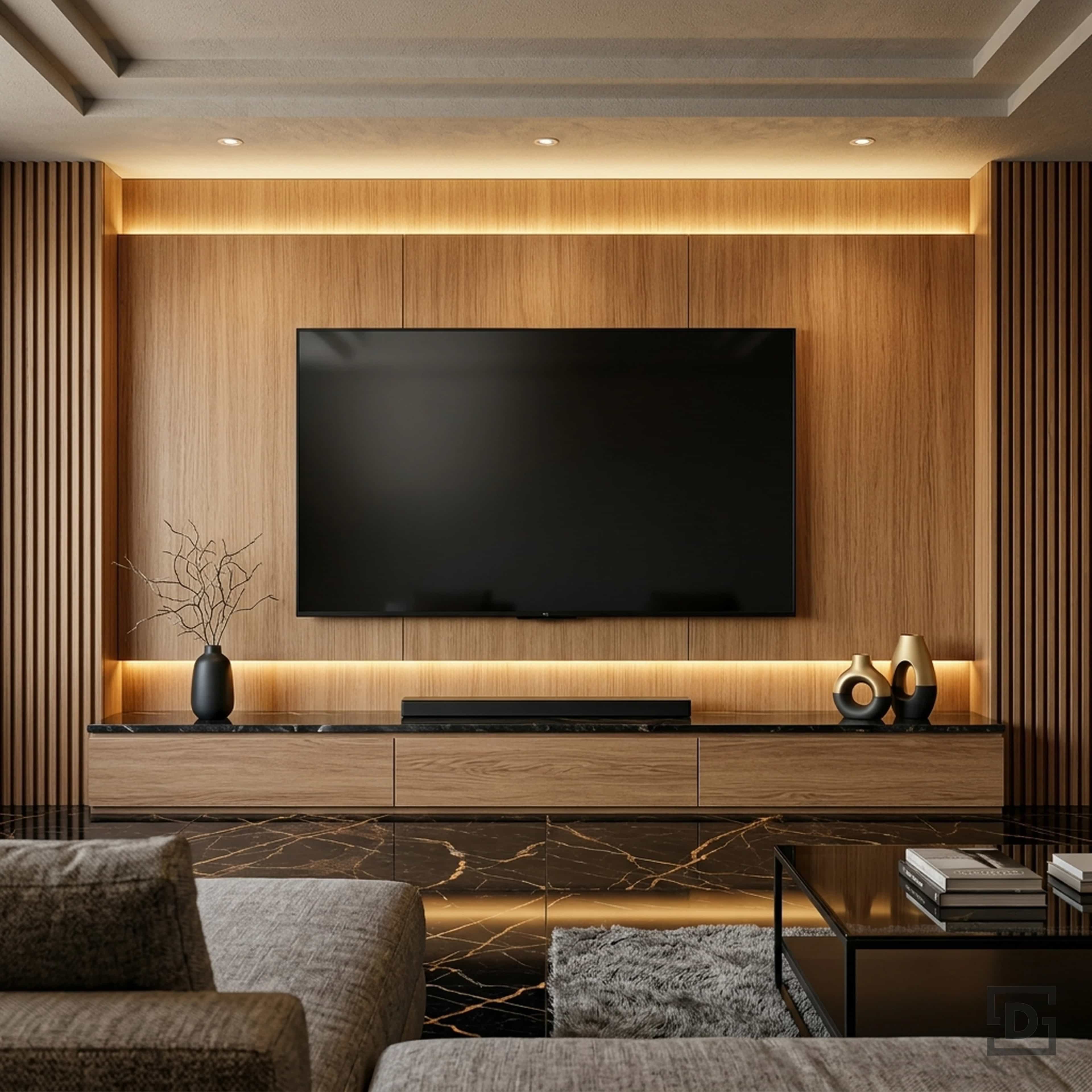 Light Oak TV Unit and Black Marble Flooring Aesthetic Living Room