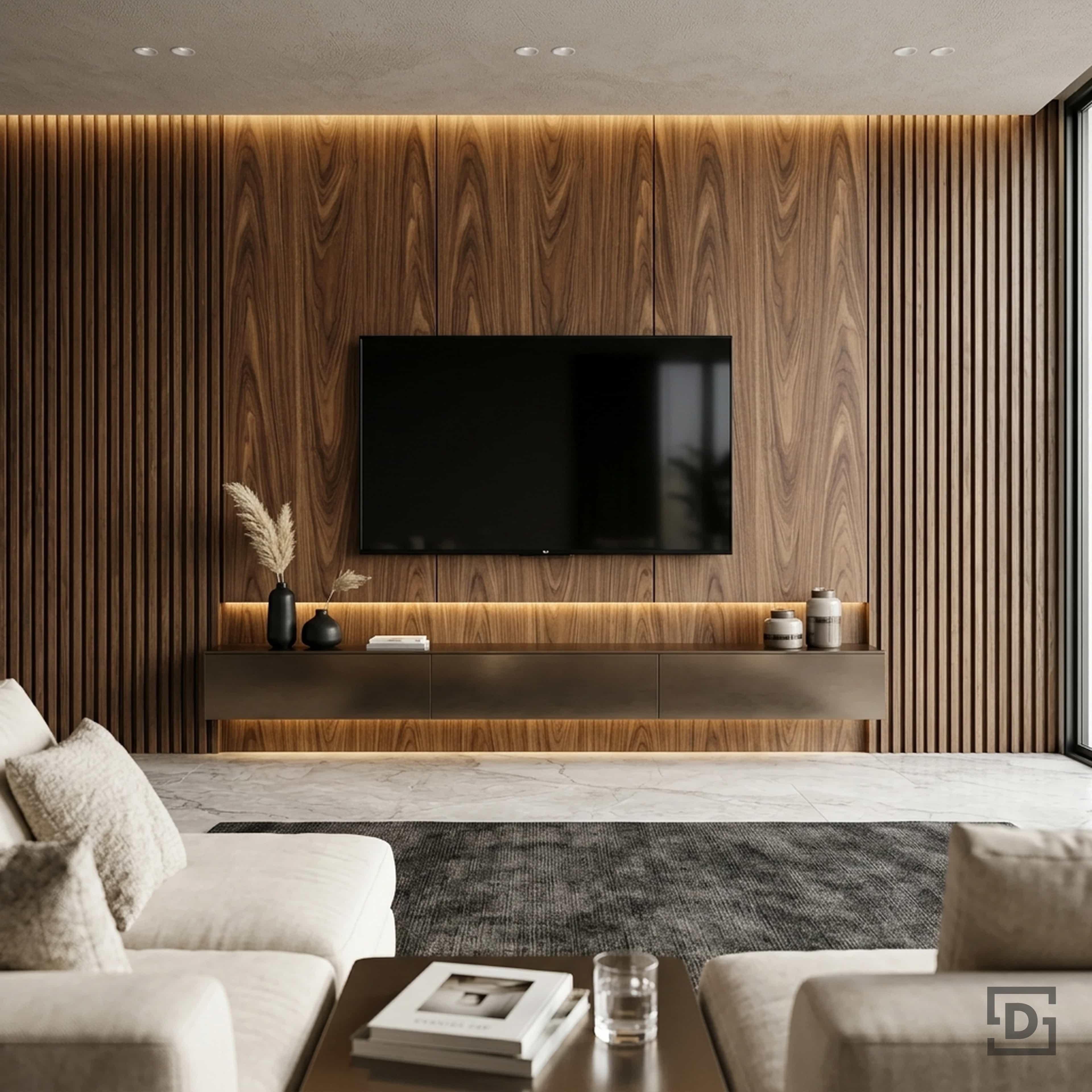 Natural Walnut Fluted Wood Paneling TV Unit