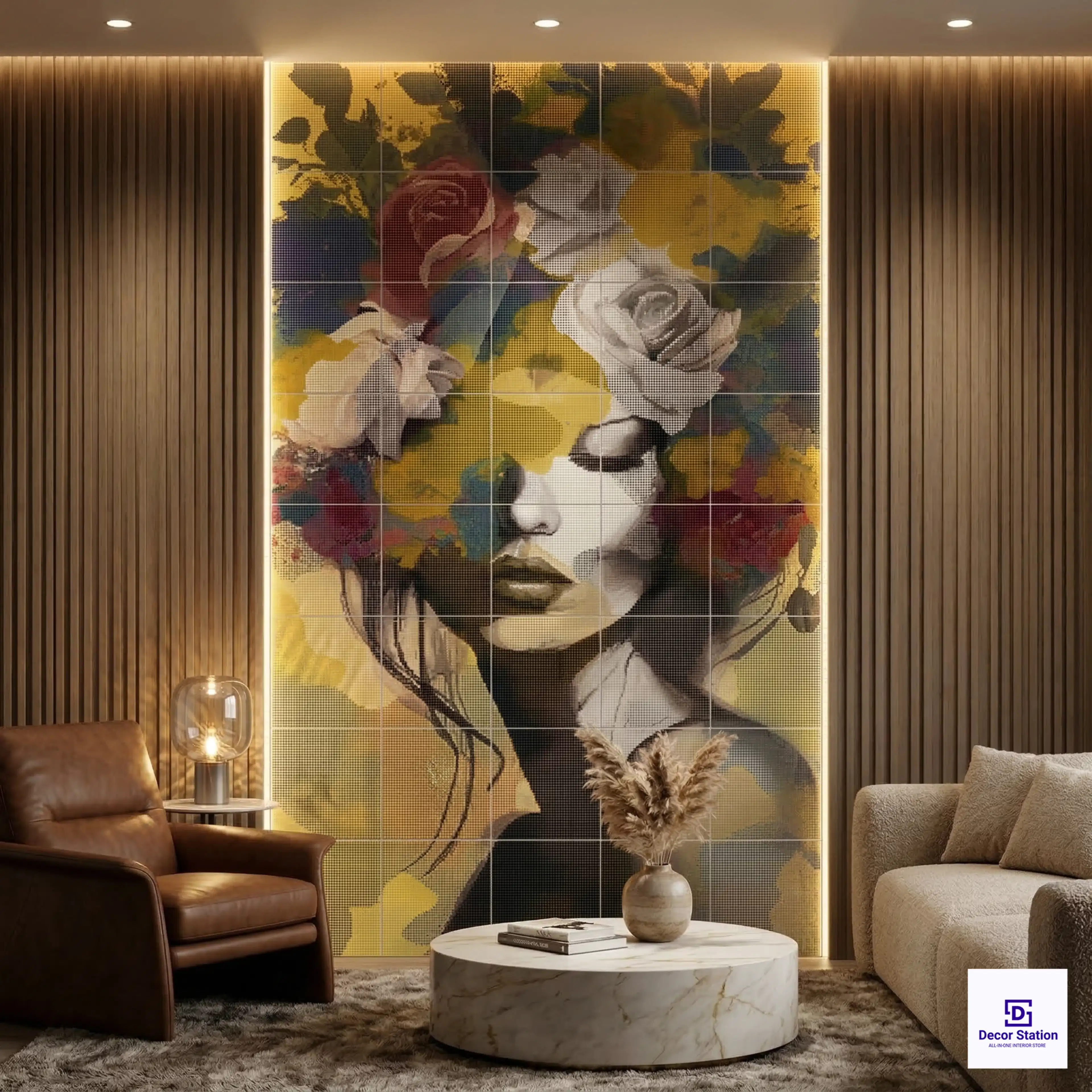 PIXEL-901 Artistic Face Floral Mosaic Digital Matt Wall 1x1 ft 9.5mm Tile | TL-53879-A-0