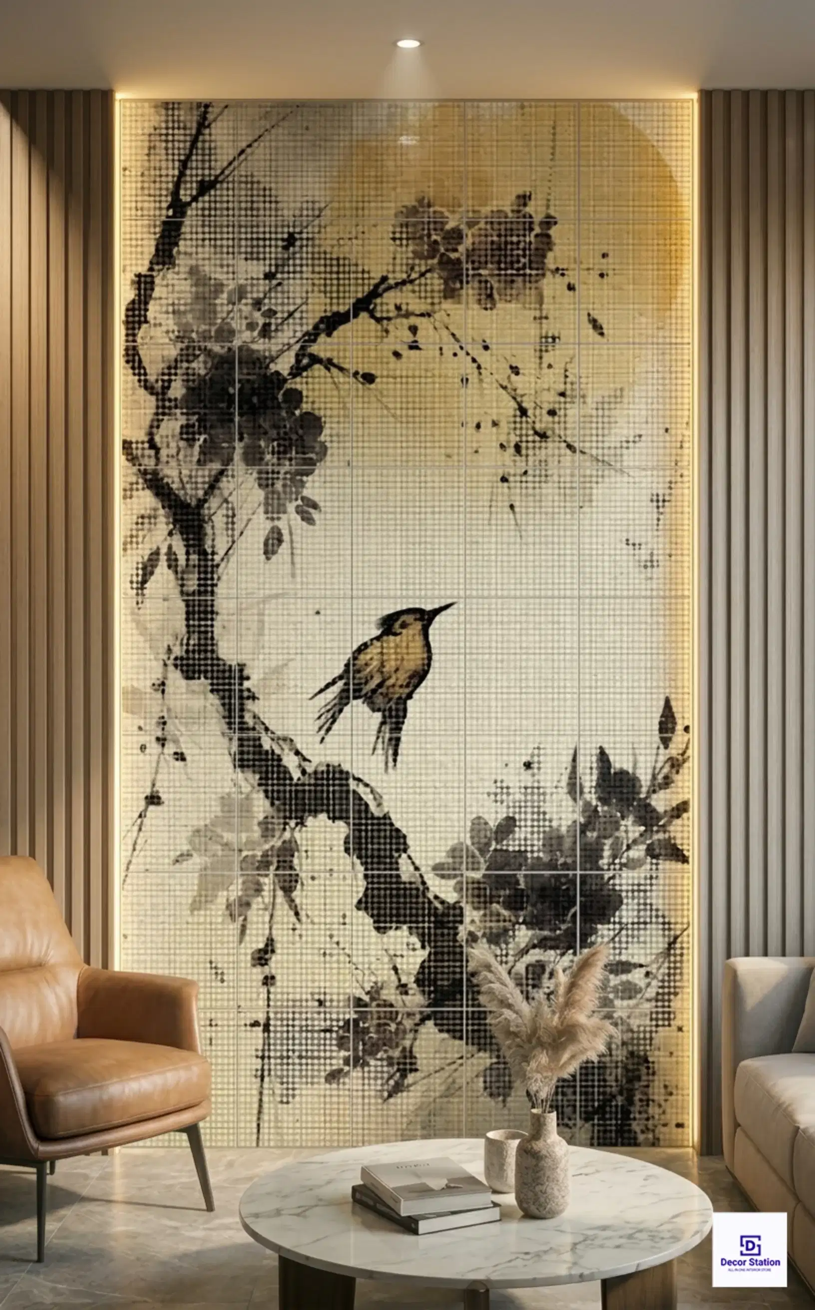 PIXEL-903 Japanese Ink Bird And Floral Digital Matt Wall 1x1 ft 9.5mm Tile | TL-53881-A-0