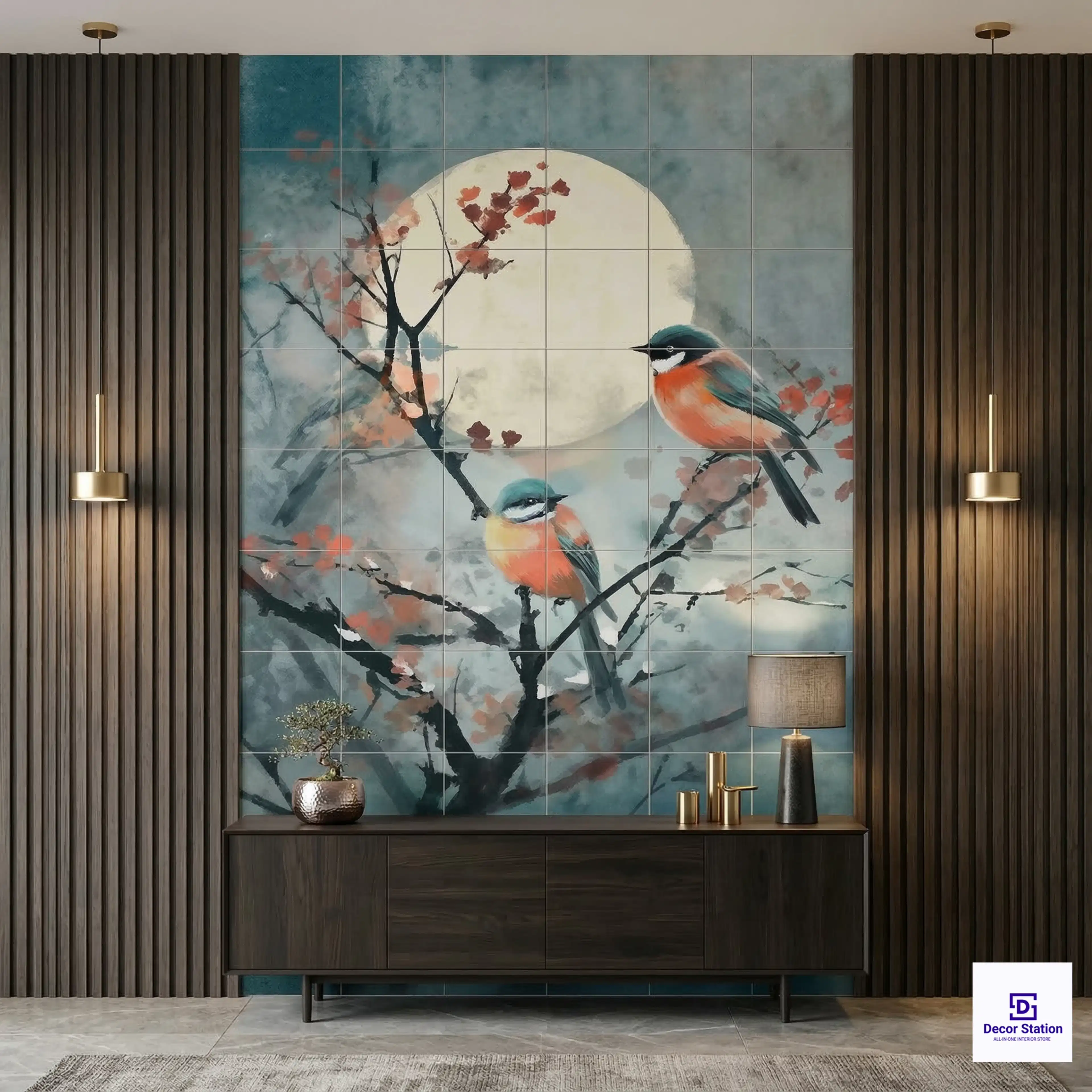 PIXEL-904 Watercolour Birds And Moon Digital Matt Wall 1x1 ft 9.5mm Tile | TL-53881-B-0