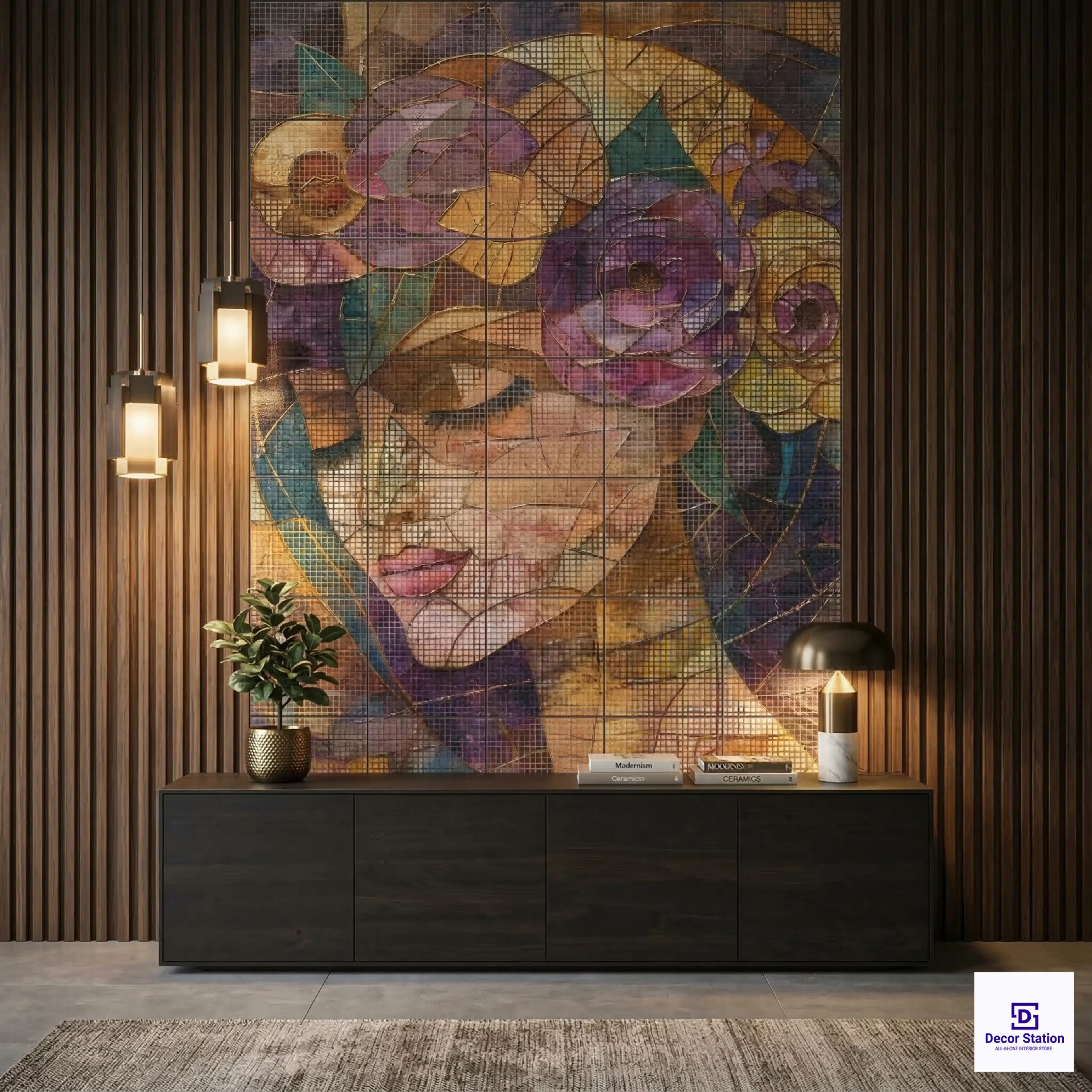 PIXEL-907 Wood-Tone Mosaic Portrait With Florals Digital Matt Wall 1x1 ft 9.5mm Tile | TL-53883-B-0