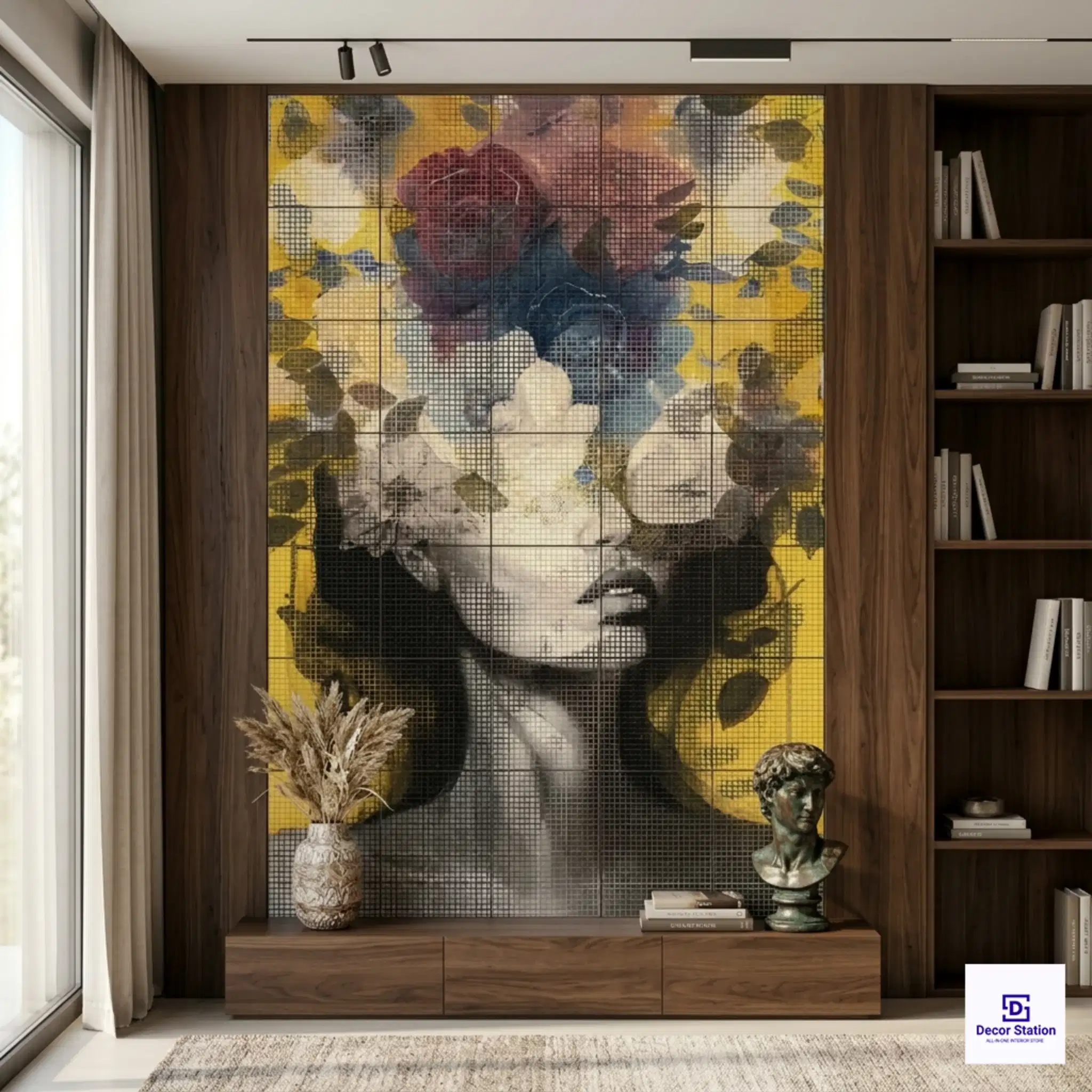 PIXEL-910 Yellow Floral Double-Exposure Silhouette Digital Matt Wall 1x1 ft 9.5mm Tile | TL-53879-D-0