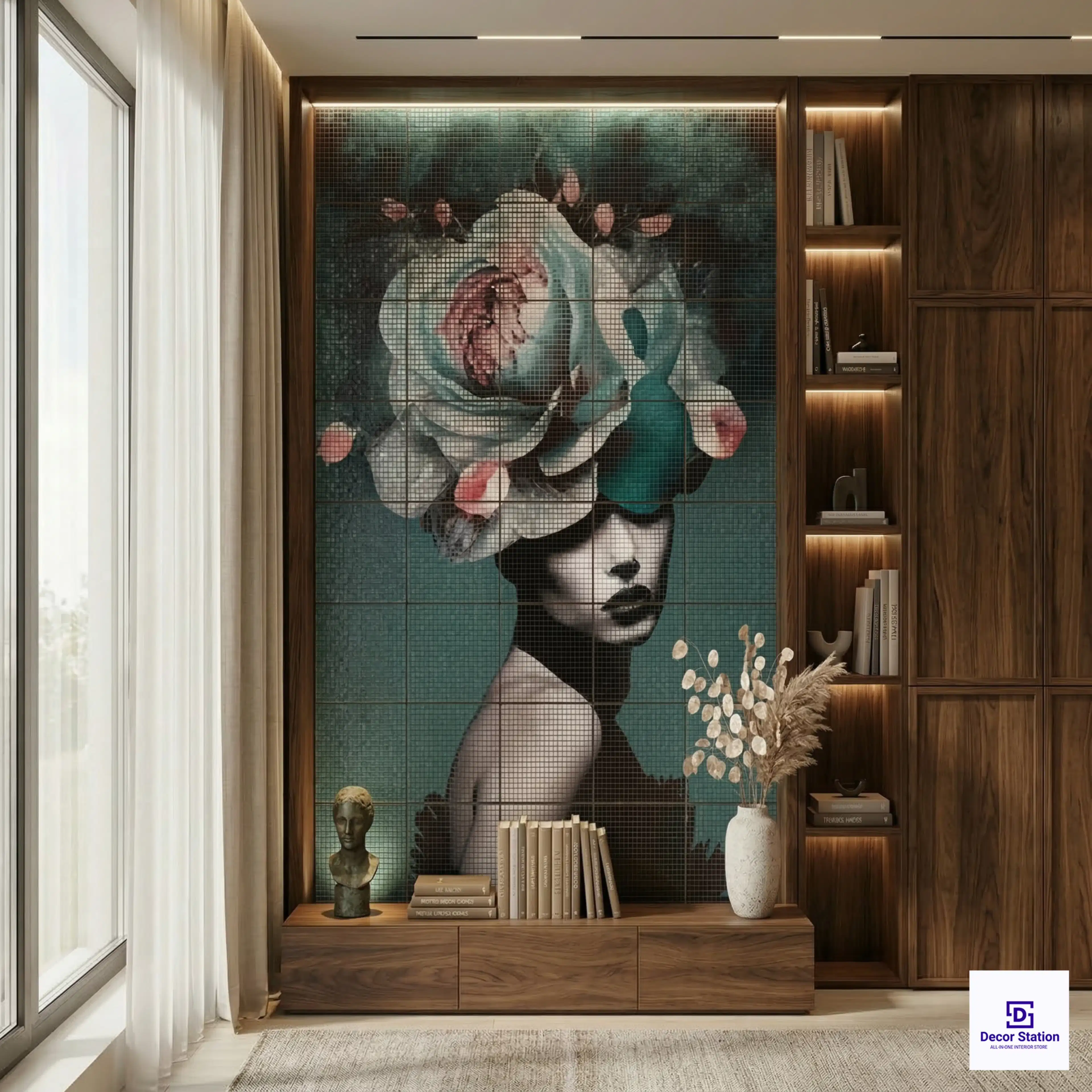 PIXEL-911 Teal Background Rose And Peony Portrait Digital Matt Wall 1x1 ft 9.5mm Tile | TL-53879-E-0