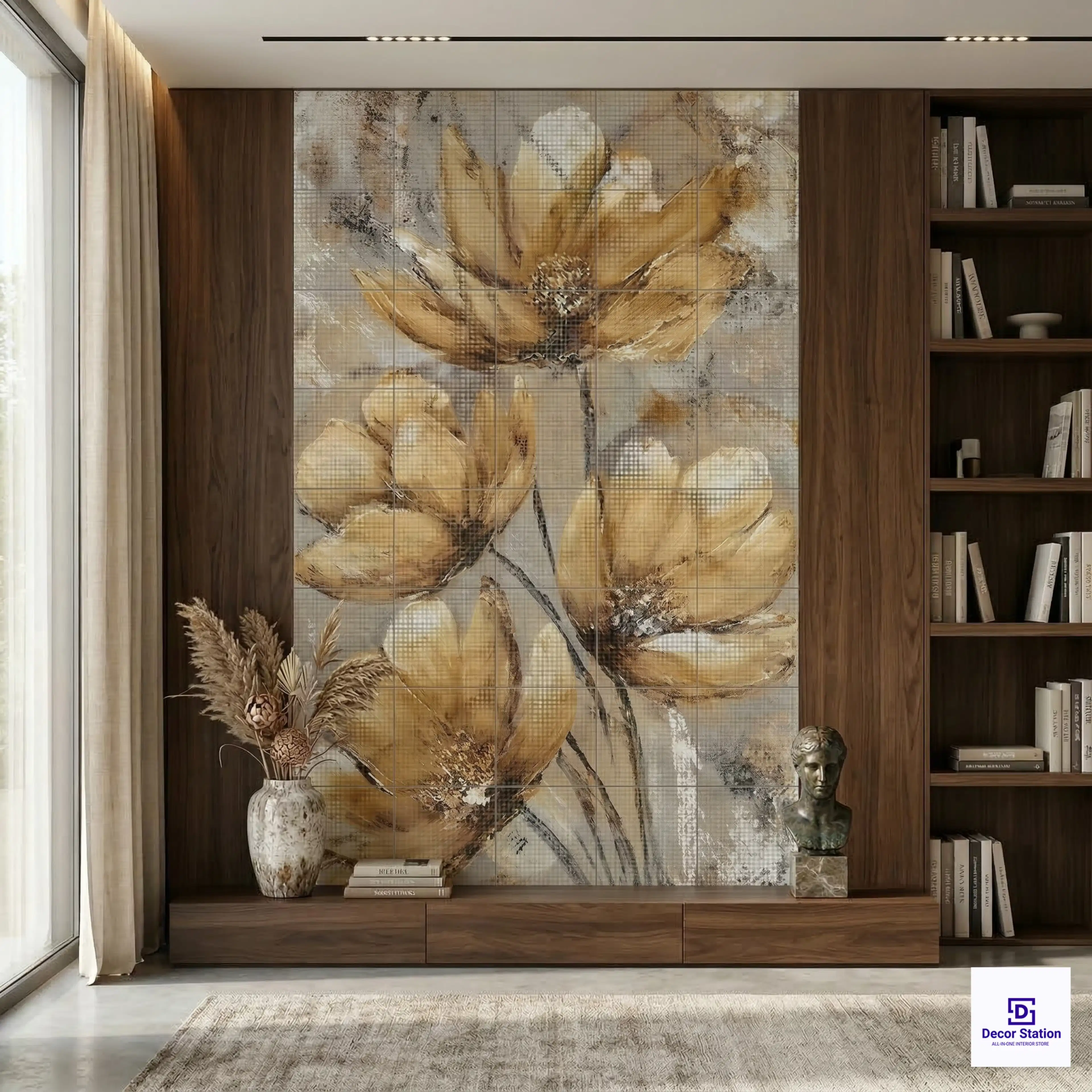 PIXEL-912 Golden Tulip Botanical Digital Matt Wall 1x1 ft 9.5mm Tile | TL-53879-F-0