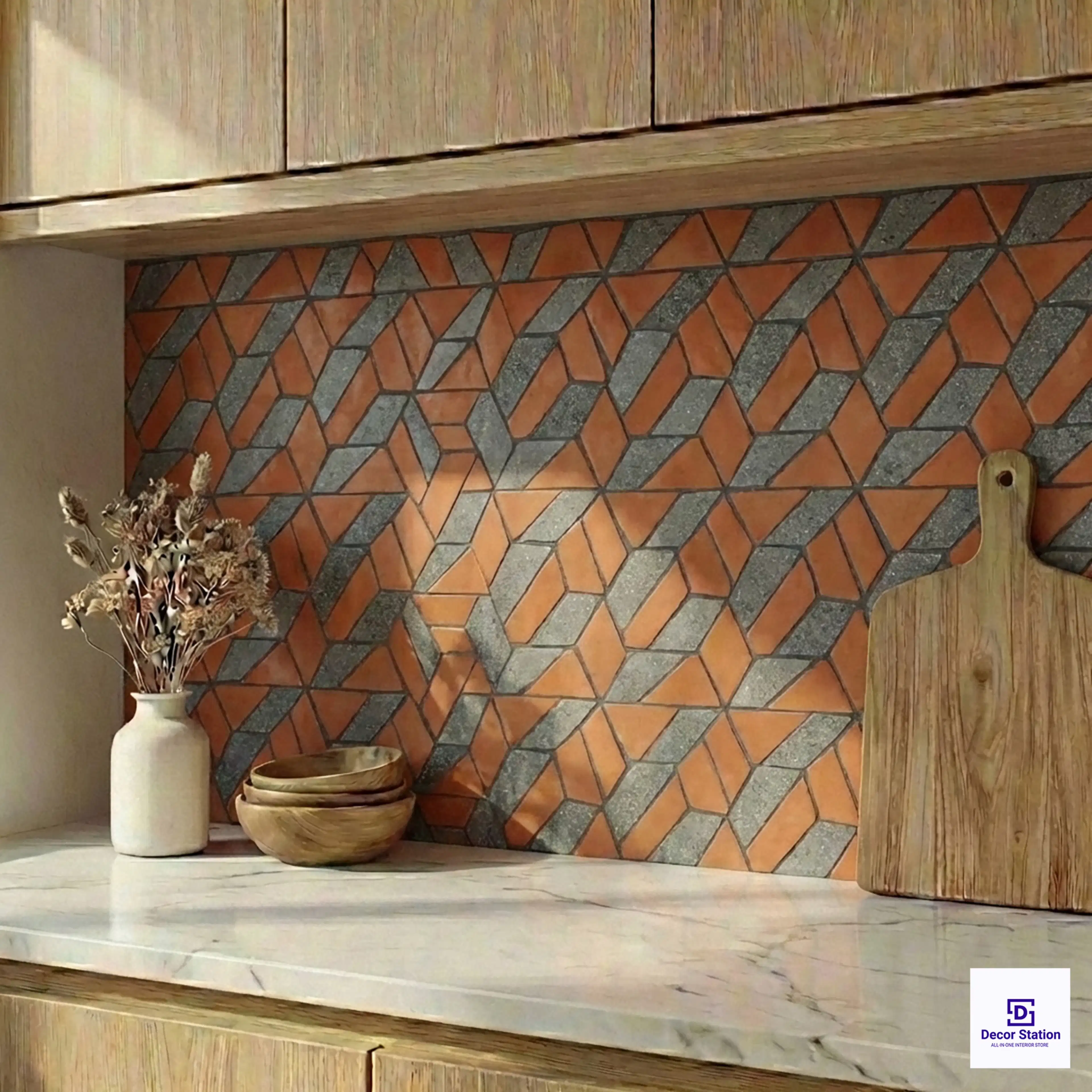 Cube Pattern Terracotta Stone Look Matt 0.2x0.3 ft 10mm tile | TL-53930-A-0