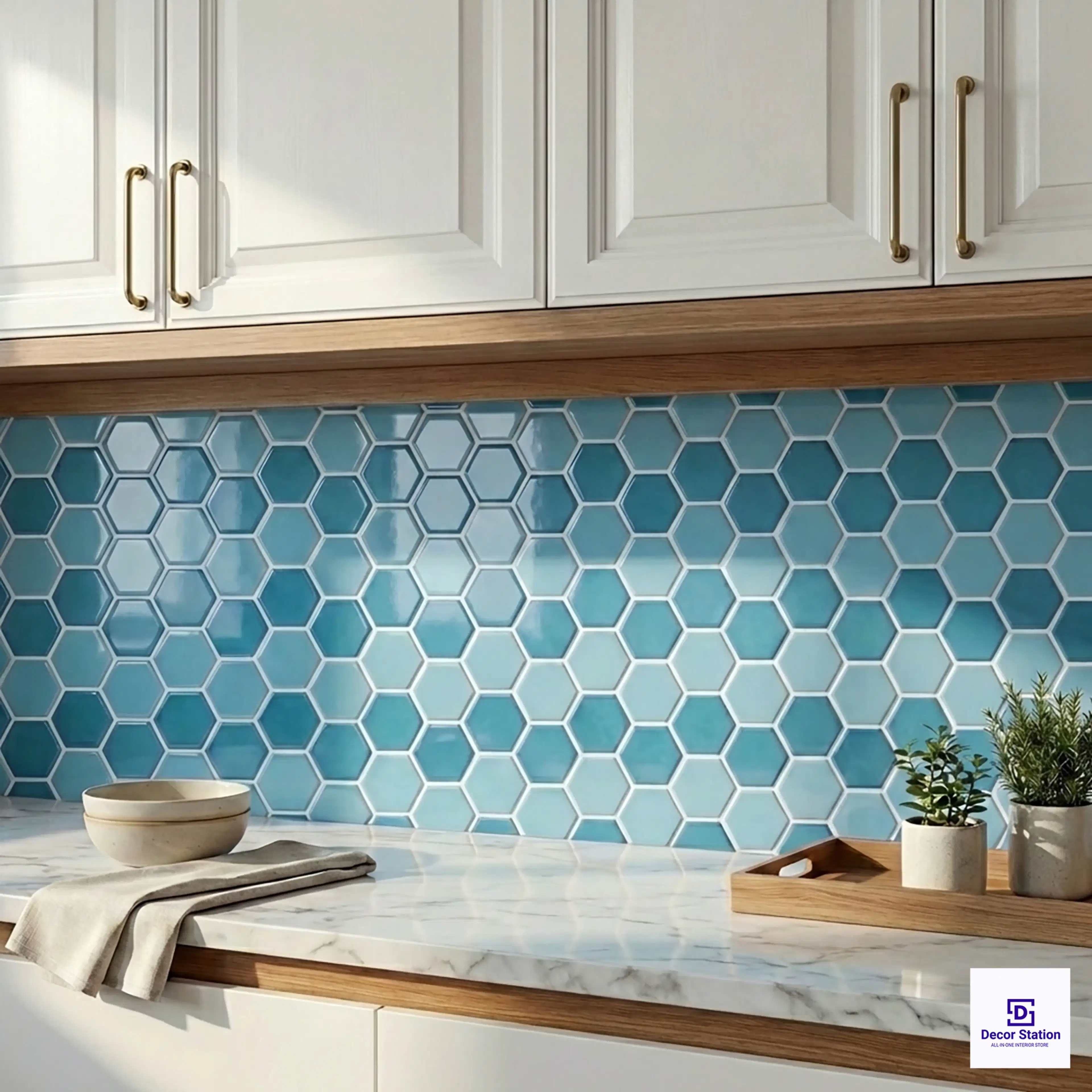 Porcelain Hexagon 3 Blue Mosaic Glossy Pool 1.1x0.9 ft 8mm tile | TL-53993-C-0