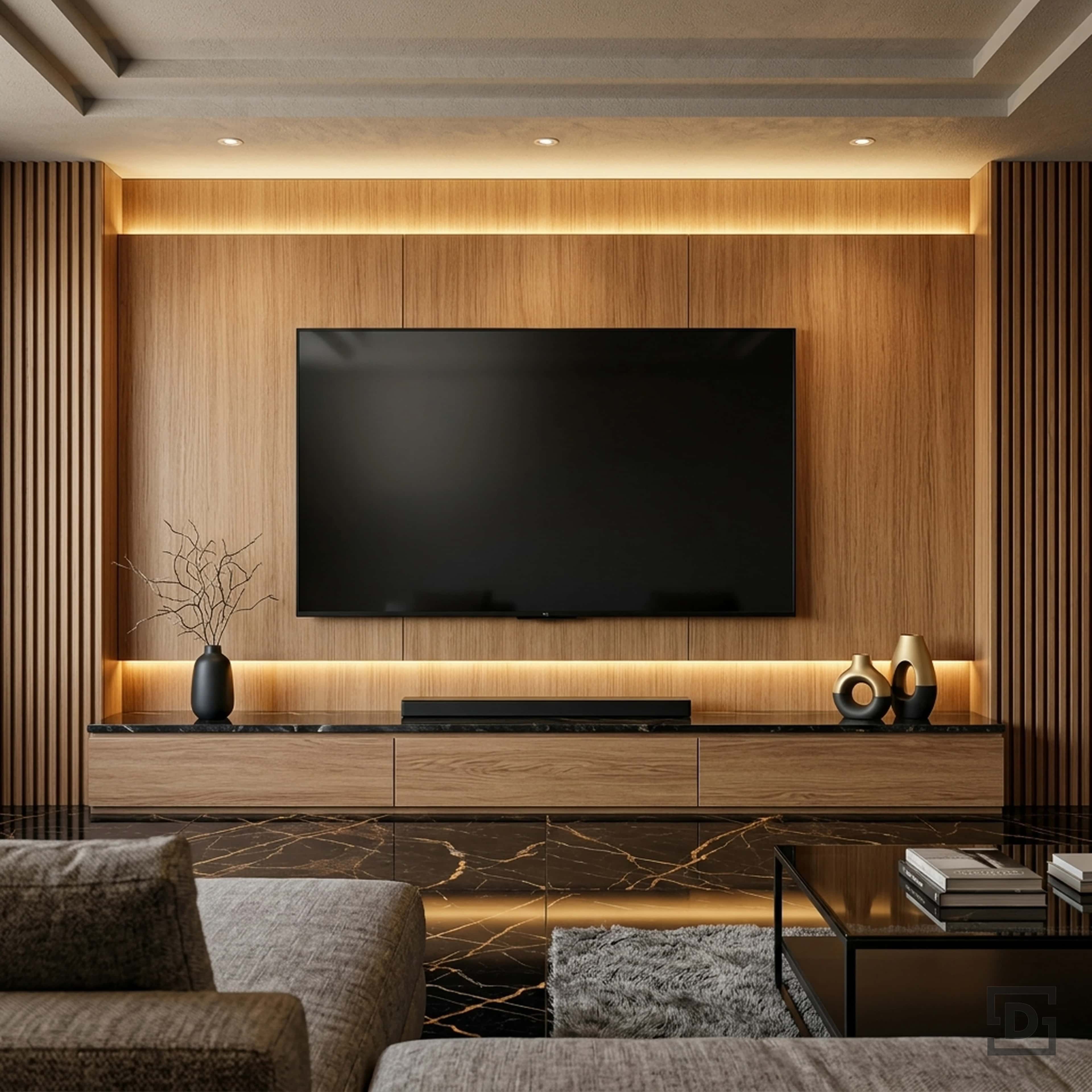 Light Oak TV Unit and Black Marble Flooring Aesthetic Living Room