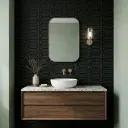 Black glossy patterned wall tile with a subtle textured surface and modern geometric detailing in a square format, shown as a single display piece