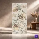 Linsey Spring Decor Beige Leaf Patterned Lush 9mm tile featuring an elegant botanical design of golden-tan and green Monstera and palm leaves over a neutral stone-textured background with a polished finish