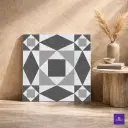 Angleart Nero tile showcases a striking geometric pattern in layered grey tones with a matt rustic finish, perfect for creating a bold, modern statement on walls or floors
