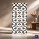 Prestigia Ivory Decor High Gloss 9mm tile featuring a sophisticated geometric sunburst pattern of dark, radiating triangular wedges set against a crisp ivory marble background with a polished, reflective finish.