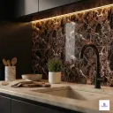 Dark brown marble look glossy kitchen wall tiles with natural stone texture for premium backsplash design