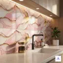 Decorative high gloss tile featuring a pink marble pattern with elegant flowing golden veins for a modern interior look