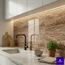 Brown natural stone texture glossy wall tile with vertical mineral veining displayed on table for interior wall design