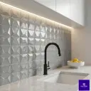 Grey geometric 3D pattern glossy wall tile with faceted diamond shapes displayed on table for modern interior wall décor