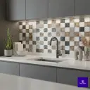 geometric patterned wall tile featuring a modern 3D cube design in white, grey, navy blue, and beige tones, suitable for decorative interior walls and accent panels.