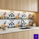 Kitchen themed patterned glossy wall tile featuring kettle, teacup and cutlery design for modern kitchen backsplash
