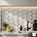 Modern glossy wall tile featuring a soft white geometric pattern with a subtle 3D curved design.