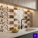 decorative leaf pattern ceramic wall tile with wooden check design for elegant interior wall décor.”