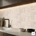 Elegant glossy tile featuring a light wood plank design arranged in a classic woven parquet pattern