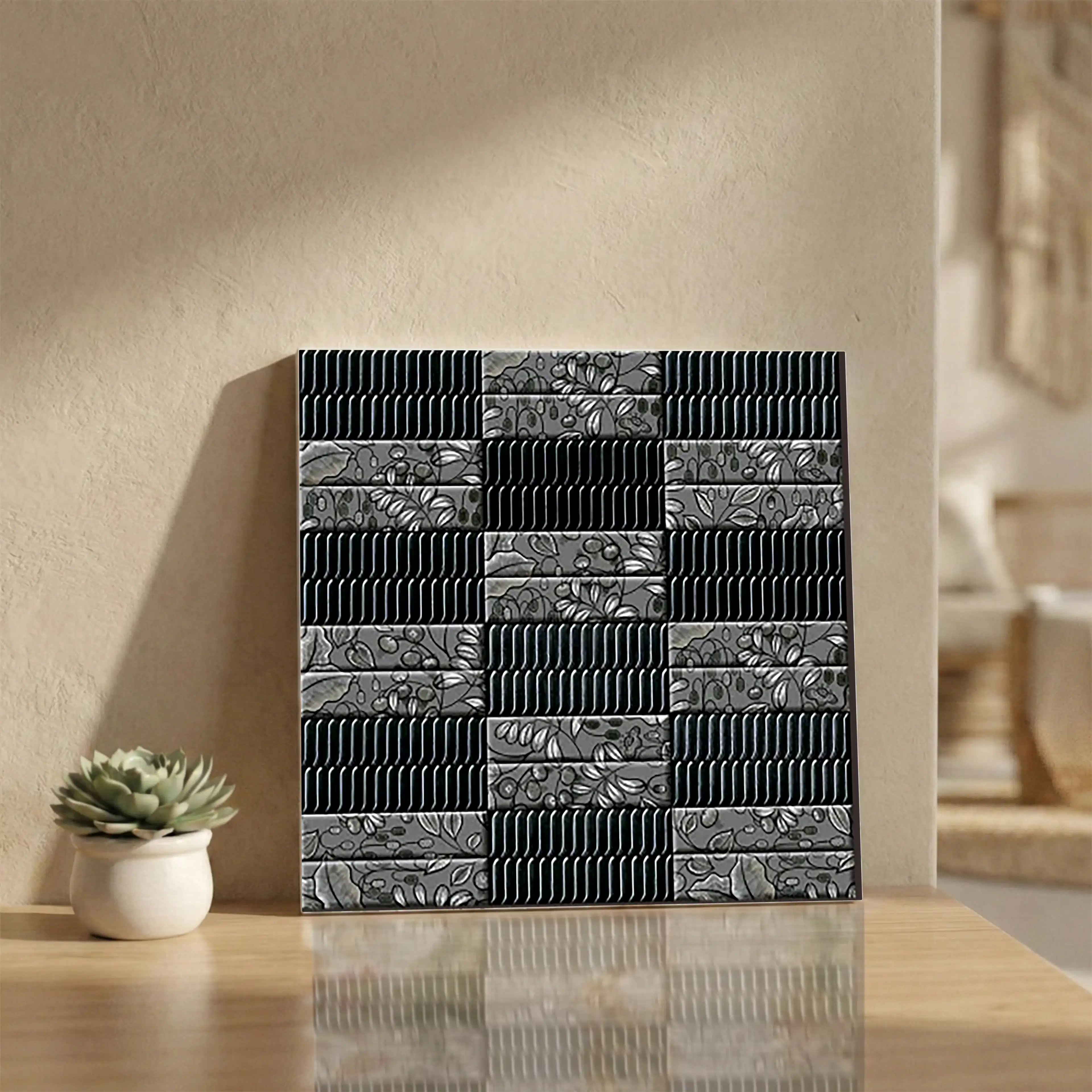 Ripple Black Glue Finish Patterned 1x1 ft 10mm Tile | TL-52713-A-0