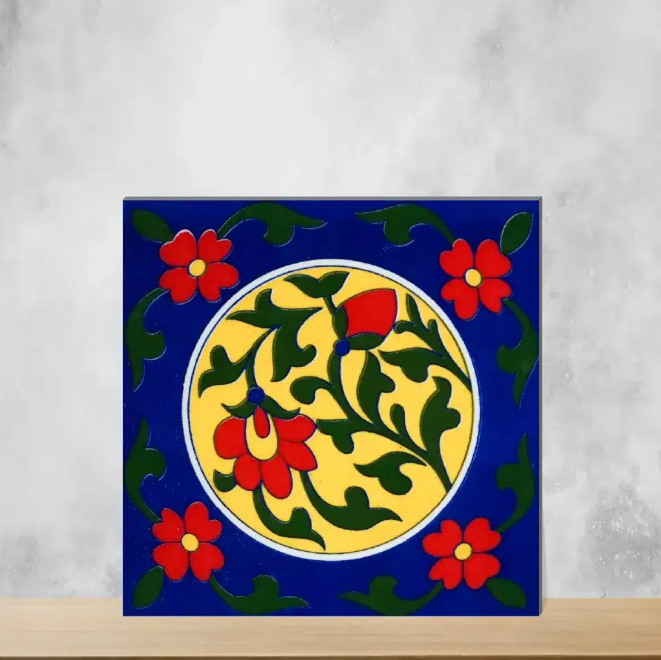 Ceramic Florica Blue Arabesque Bloom Handmade Tiles Glossy Square Tiles TL-99-B (6x6 inch | 7 mm)-0
