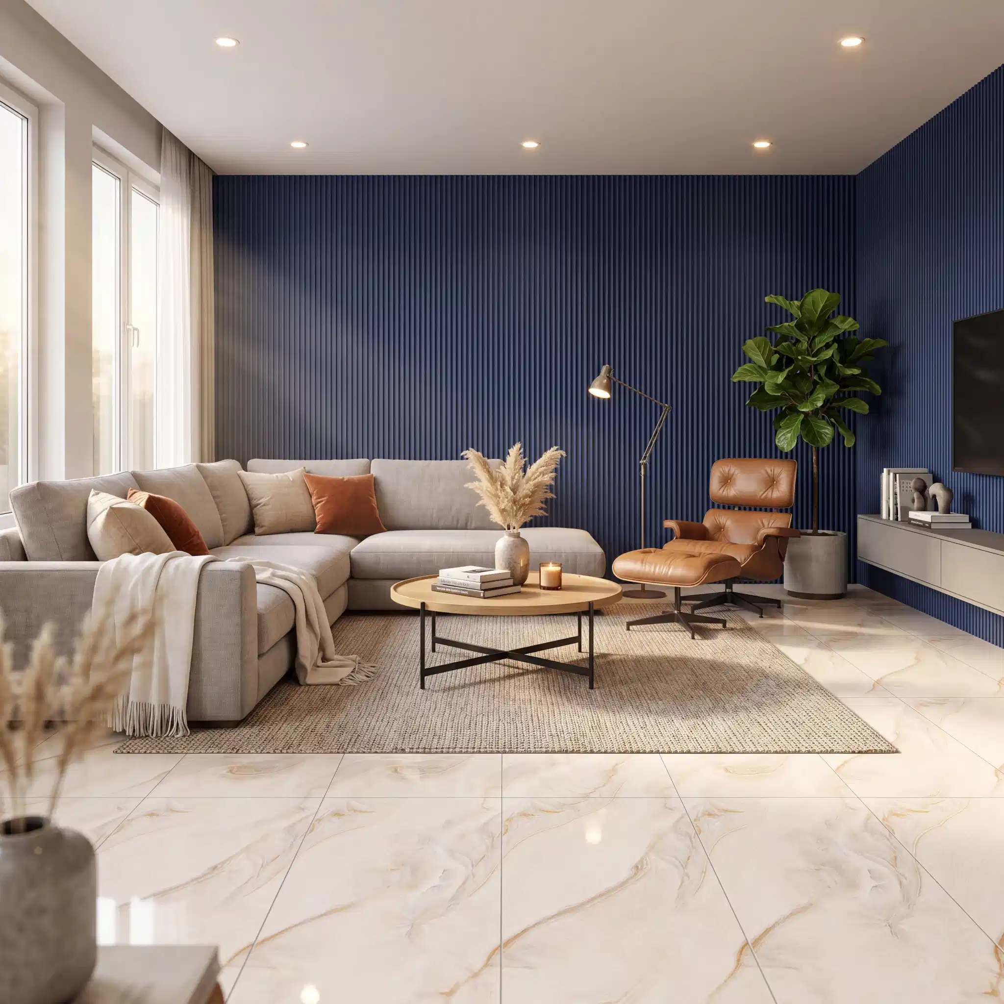 Blue and Ivory Contrastive Living Room
