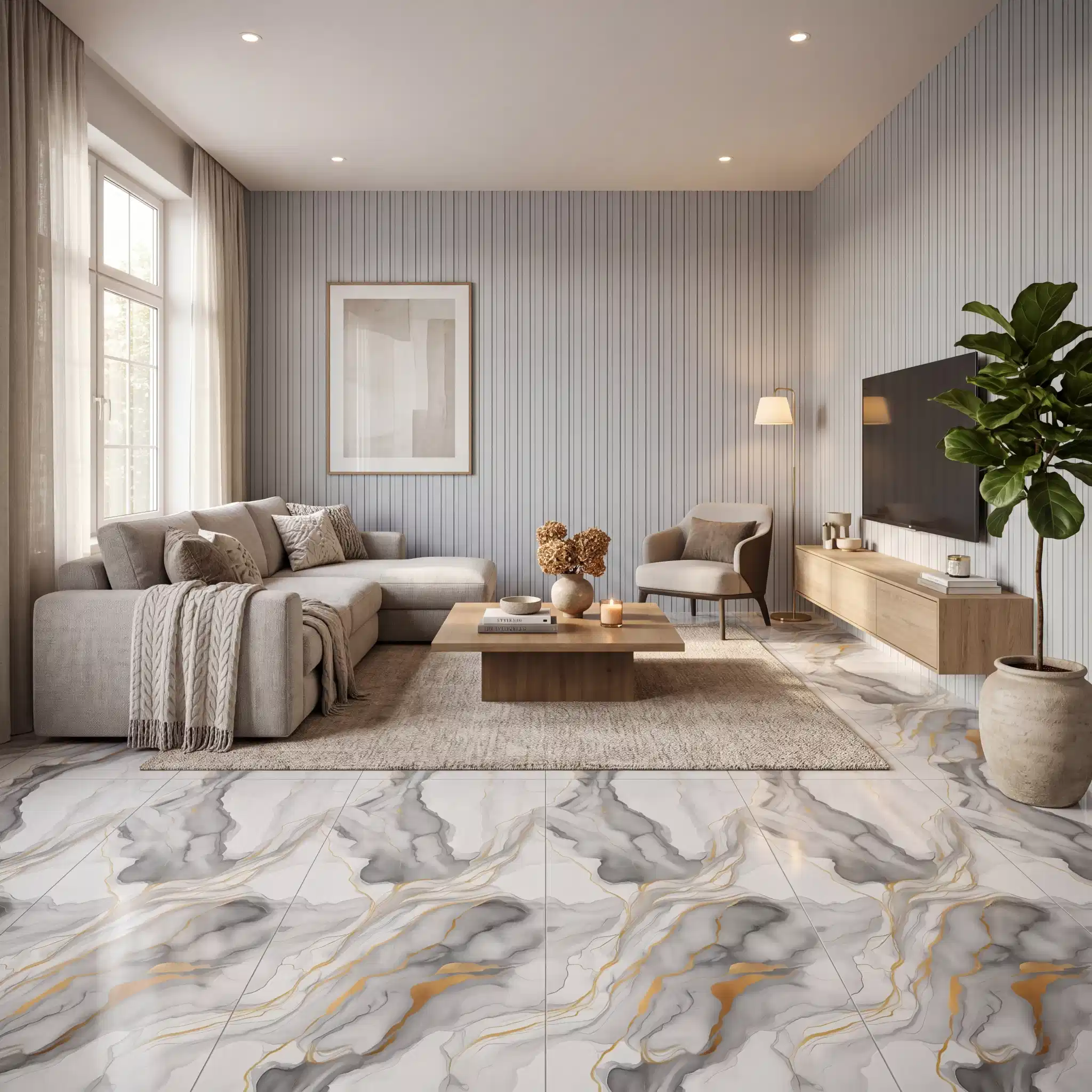 Endless Marble Look Flooring with Grey Panels to give Your Space Light Mood