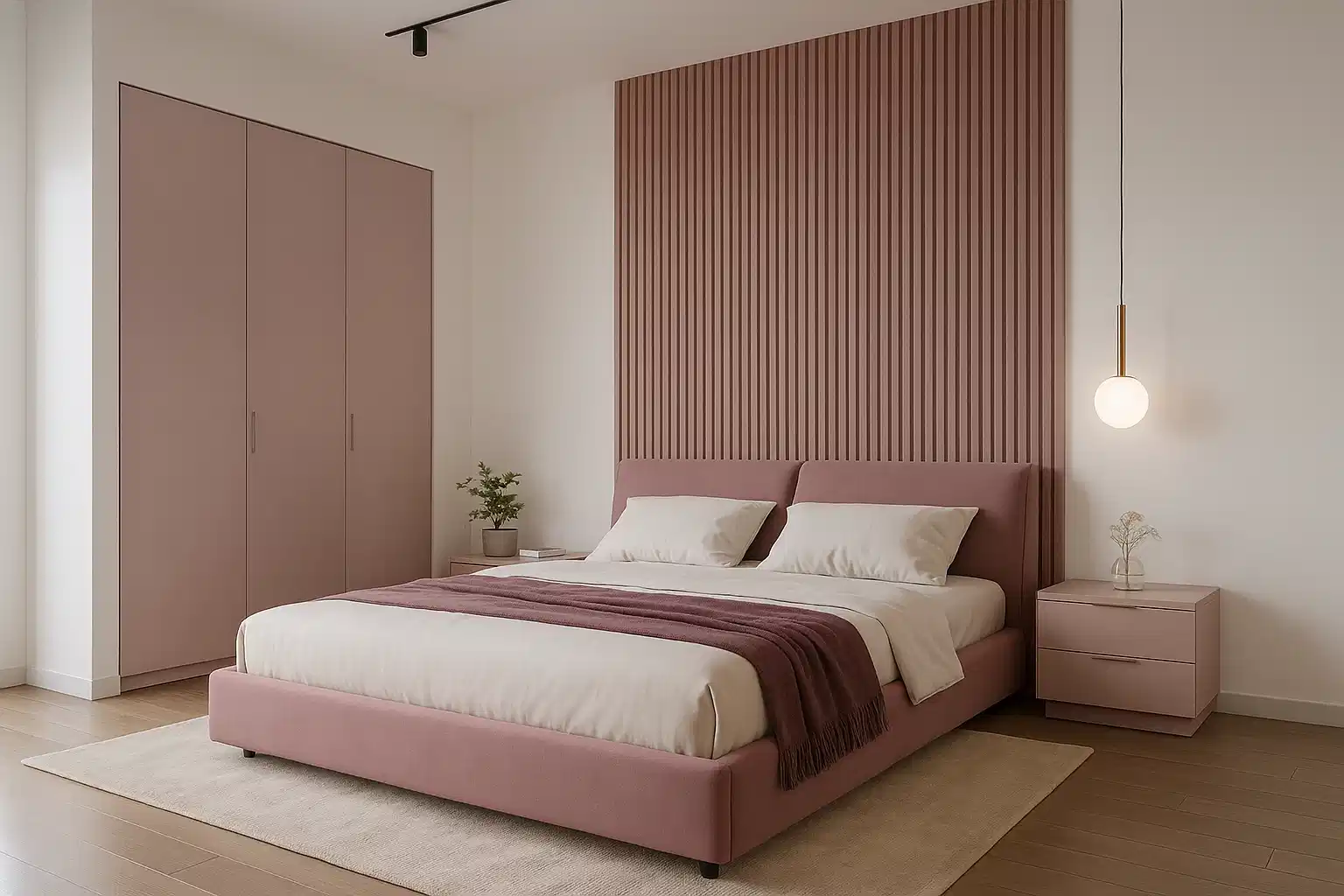 Modern Bedroom with Pink Louvers, and Pink Grey Laminates